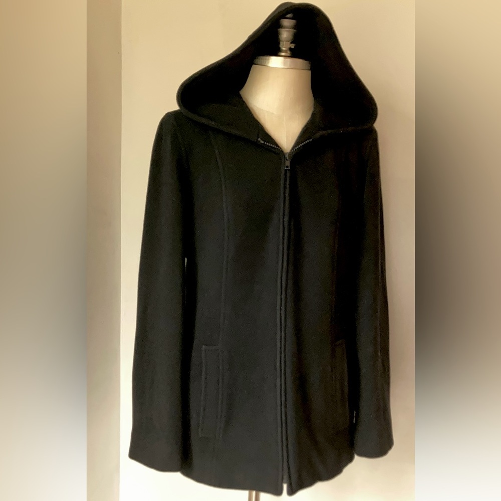 ANN KLEIN 100% wool hooded zipper jacket lined pockets black M minimal  CL3